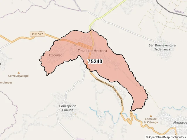 Mapa del código postal 75240, Tecali de Herrera, Puebla