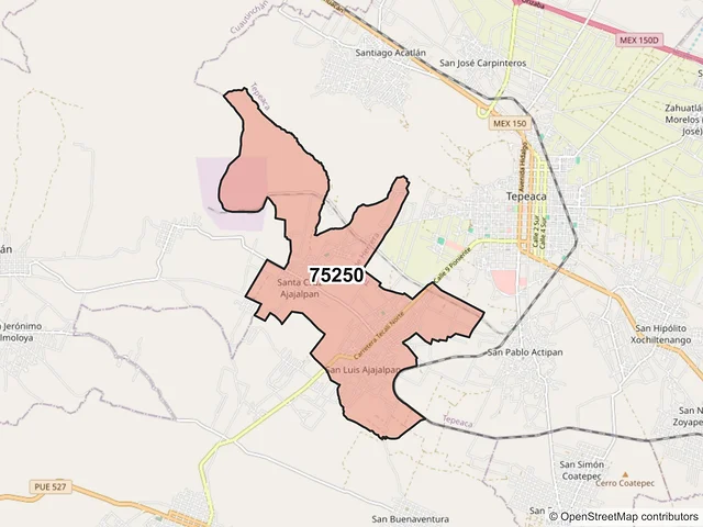 Mapa del código postal 75250, Tecali de Herrera, Puebla