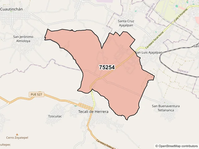 Mapa del código postal 75254, Tecali de Herrera, Puebla