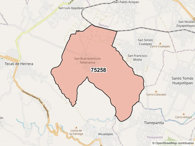 Mapa del código postal 75258, Tecali de Herrera, Puebla