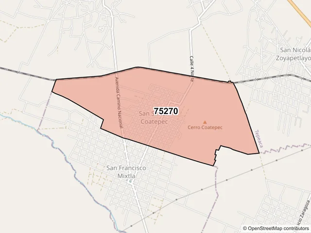 Mapa del código postal 75270, Mixtla, Puebla