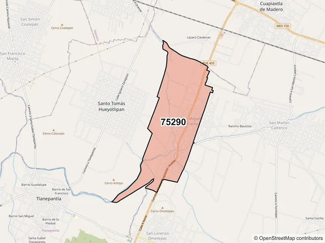 Mapa del código postal 75290, Santo Tomás Hueyotlipan, Puebla