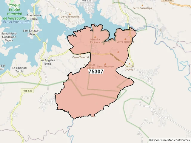 Mapa del código postal 75307, Tzicatlacoyan, Puebla