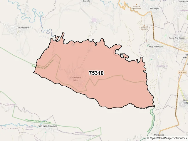 Mapa del código postal 75310, Tzicatlacoyan, Puebla