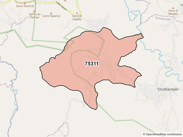 Mapa del código postal 75311, Tzicatlacoyan, Puebla