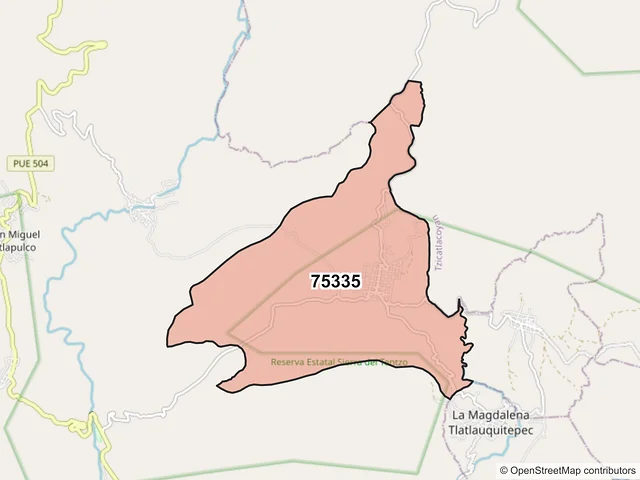 Mapa del código postal 75335, Huehuetlán el Grande, Puebla