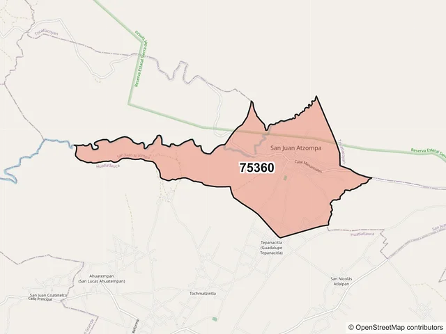 Mapa del código postal 75360, San Juan Atzompa, Puebla