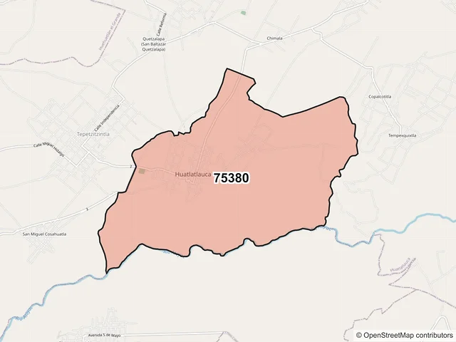 Mapa del código postal 75380, Huatlatlauca, Puebla