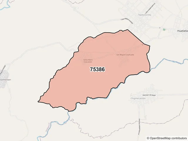 Mapa del código postal 75386, Huatlatlauca, Puebla