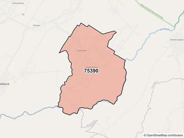 Mapa del código postal 75390, Huatlatlauca, Puebla