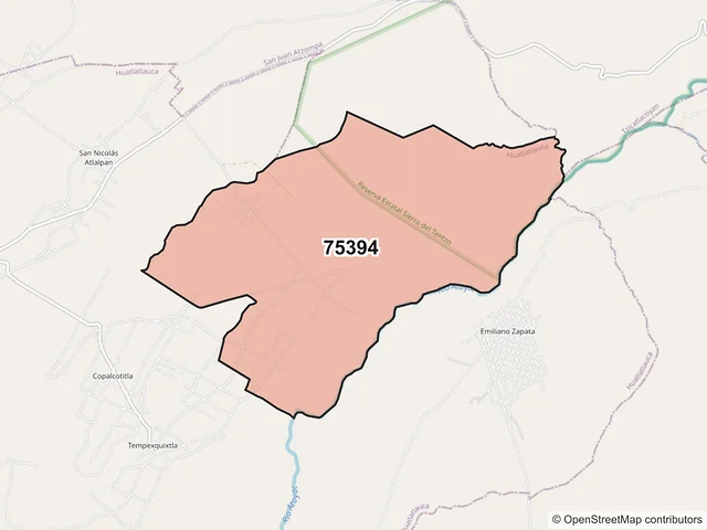 Mapa del código postal 75394, Huatlatlauca, Puebla