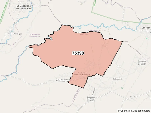 Mapa del código postal 75398, Huatlatlauca, Puebla
