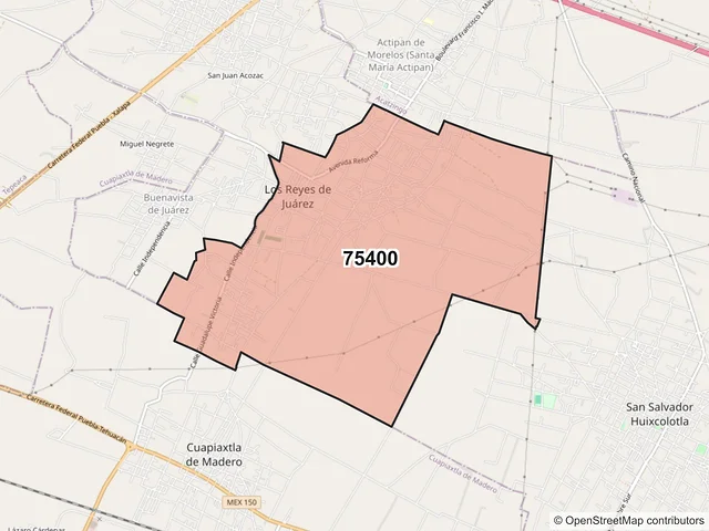 Mapa del código postal 75400, Los Reyes de Juárez, Puebla