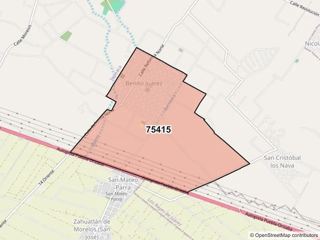 Mapa del código postal 75415, Los Reyes de Juárez, Puebla