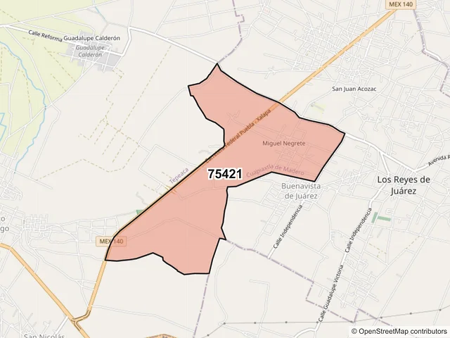 Mapa del código postal 75421, Cuapiaxtla de Madero, Puebla