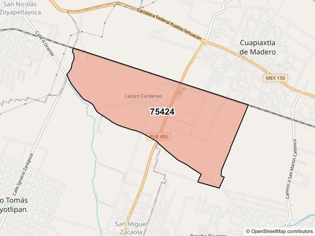 Mapa del código postal 75424, Cuapiaxtla de Madero, Puebla