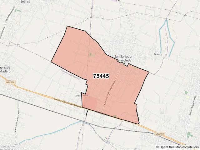 Mapa del código postal 75445, San Salvador Huixcolotla, Puebla