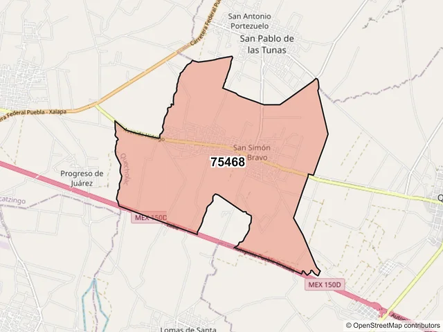 Mapa del código postal 75468, Quecholac, Puebla