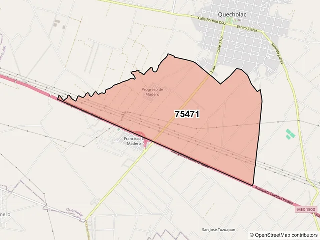 Mapa del código postal 75471, Quecholac, Puebla