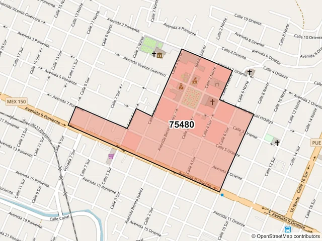Mapa del código postal 75480, Tecamachalco, Puebla