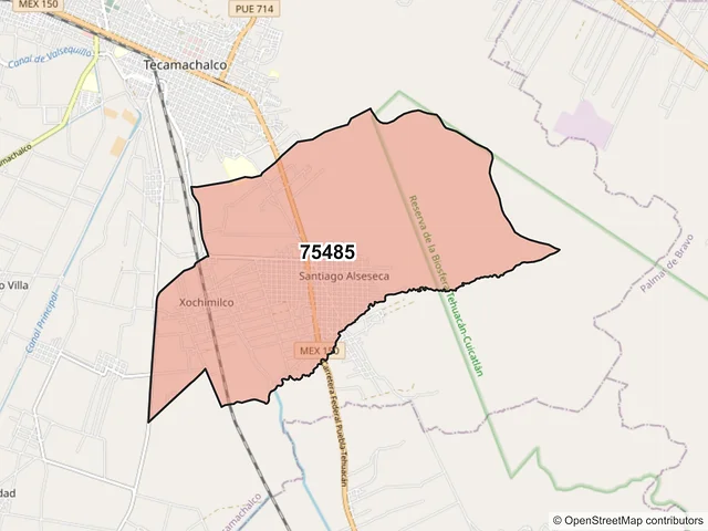 Mapa del código postal 75485, Tecamachalco, Puebla