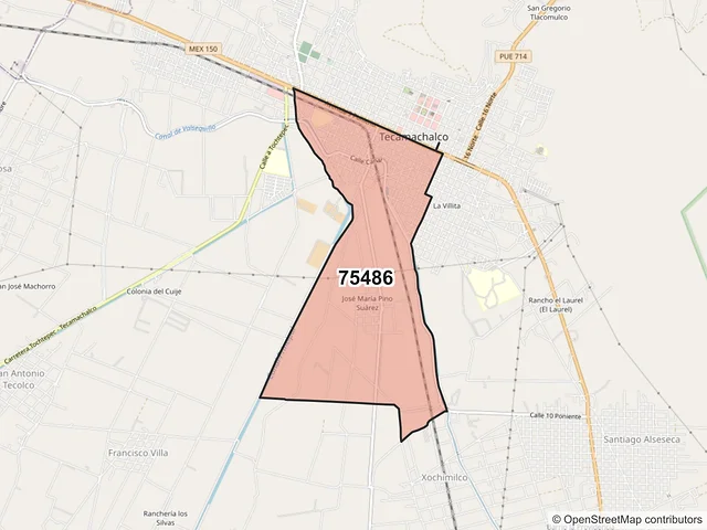 Mapa del código postal 75486, Tecamachalco, Puebla