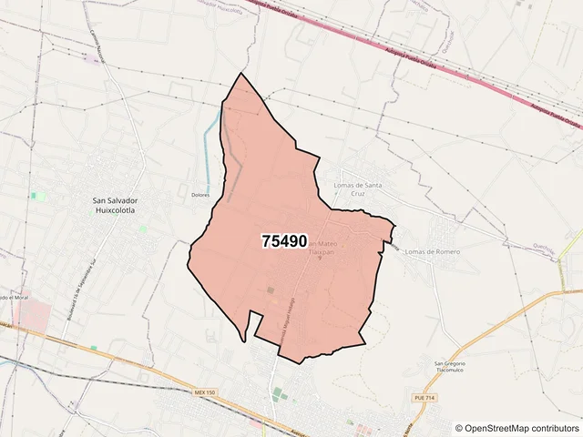 Mapa del código postal 75490, Tecamachalco, Puebla