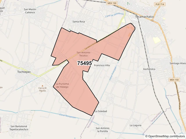 Mapa del código postal 75495, Tecamachalco, Puebla