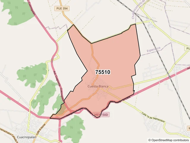 Mapa del código postal 75510, Palmar de Bravo, Puebla