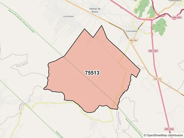 Mapa del código postal 75513, Palmar de Bravo, Puebla