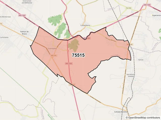 Mapa del código postal 75515, Palmar de Bravo, Puebla