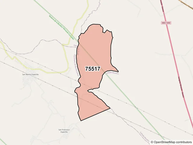 Mapa del código postal 75517, Palmar de Bravo, Puebla