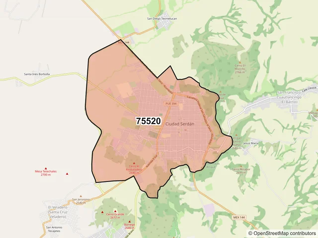 Mapa del código postal 75520, Chalchicomula de Sesma, Puebla