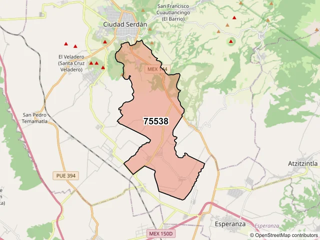 Mapa del código postal 75538, Chalchicomula de Sesma, Puebla