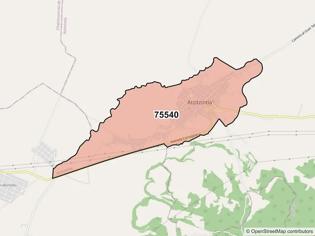 Mapa del código postal 75540, Atzitzintla, Puebla