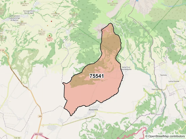 Mapa del código postal 75541, Atzitzintla, Puebla