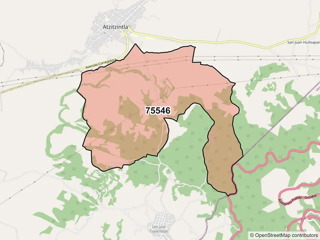 Mapa del código postal 75546, Atzitzintla, Puebla