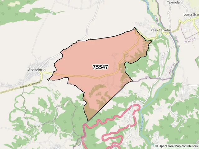 Mapa del código postal 75547, Atzitzintla, Puebla