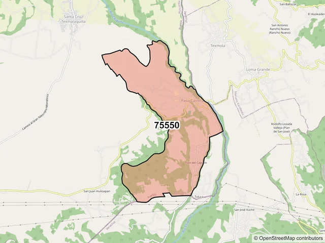 Mapa del código postal 75550, Atzitzintla, Puebla