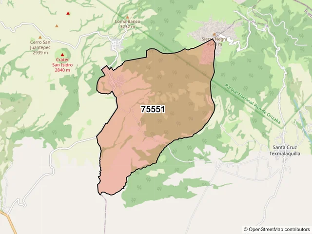 Mapa del código postal 75551, Atzitzintla, Puebla