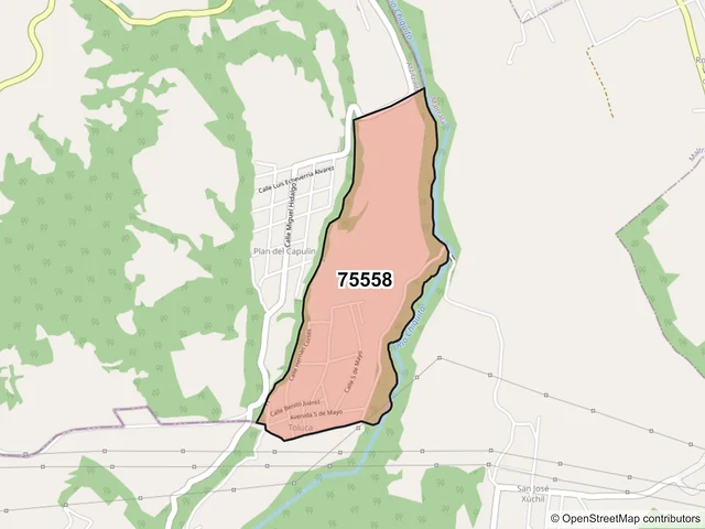 Mapa del código postal 75558, Atzitzintla, Puebla