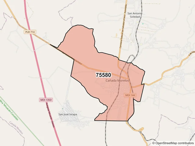 Mapa del código postal 75580, Cañada Morelos, Puebla