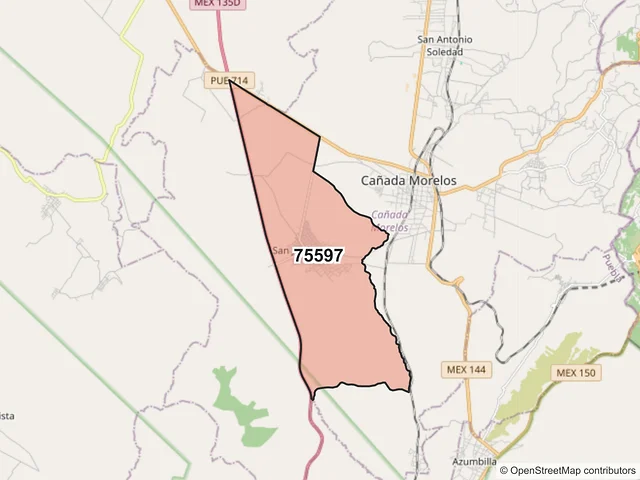 Mapa del código postal 75597, Cañada Morelos, Puebla