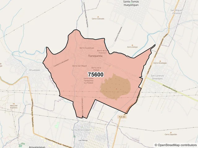 Mapa del código postal 75600, Tlanepantla, Puebla