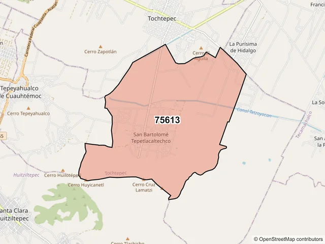 Mapa del código postal 75613, Tochtepec, Puebla