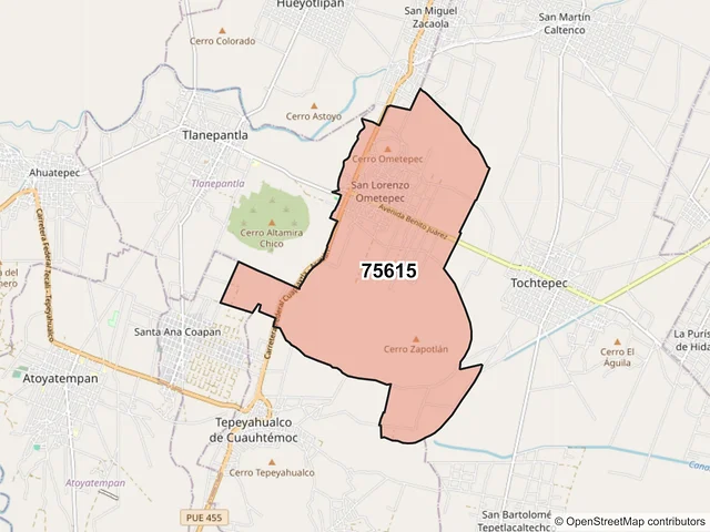 Mapa del código postal 75615, Tochtepec, Puebla