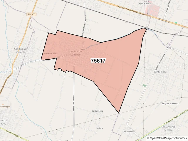 Mapa del código postal 75617, Tochtepec, Puebla