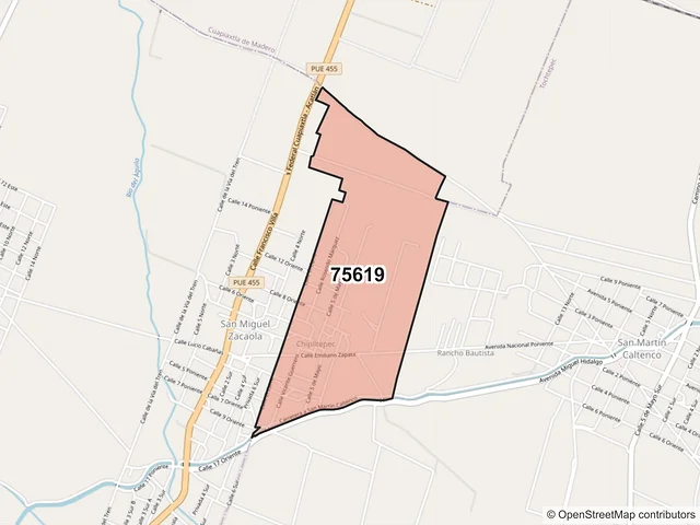 Mapa del código postal 75619, Tochtepec, Puebla