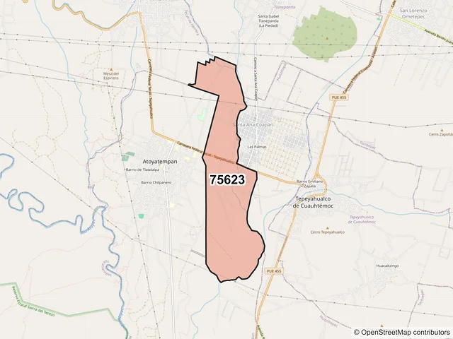 Mapa del código postal 75623, Atoyatempan, Puebla