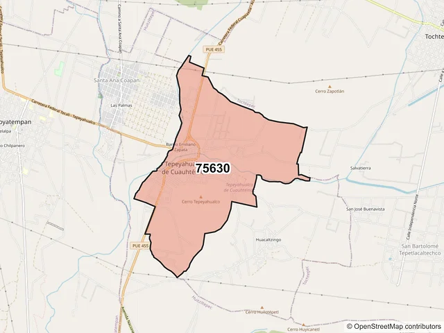 Mapa del código postal 75630, Tepeyahualco de Cuauhtémoc, Puebla